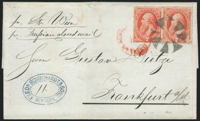7c Vermilion (149).> Two, tied by <New York Foreign Mail Circle of Wedges> cancel (Weiss TR-W13a) on 1873 folded cover <to Frankfurt, Germany,> senders blue oval handstamp and routing <<pr. Str. Weser pr
Prussian Closed Mail>>, indistinct strike o