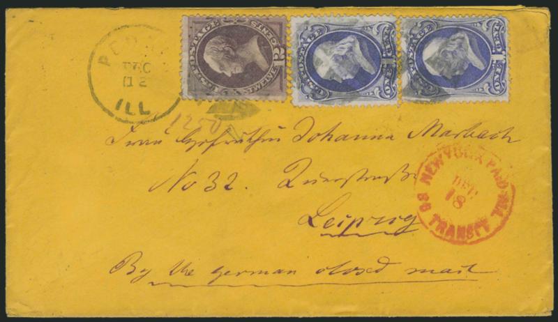 1c Ultramarine, 12c Dull Violet (145, 151).> Two 1c, tied by quartered cork cancels and Peoria Ill. Dec. 12 circular datestamp on buff cover <to Leipzig, Germany,> red New York Paid All Br. Transit Dec. 18
(ca. 1872) circular datestamp, receiving