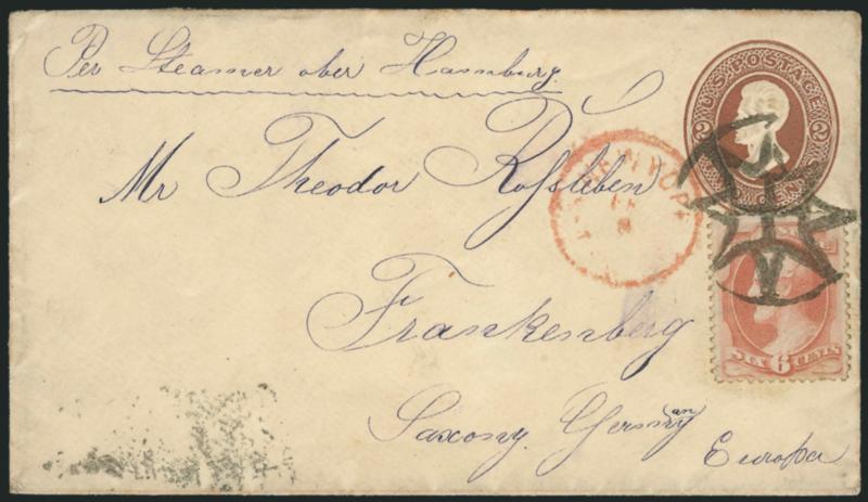 6c Dull Pink (159).> Bright color, tied by <New York Foreign Mail Star> cancel (Weiss ST-8P5), red New York Feb. 8 (1875) circular datestamp on 2c Red Brown entire <to Frankenberg, Germany,> senders routing
<<Per steamer via Hamburg>>, receiving