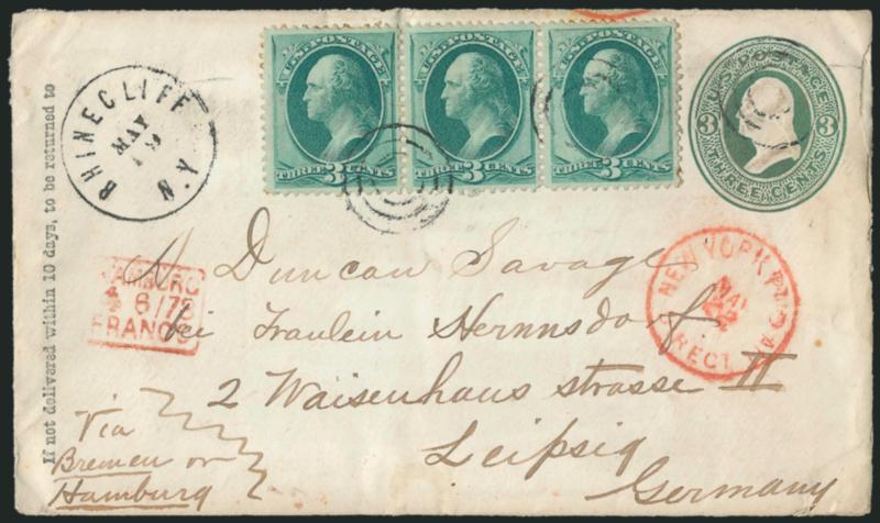 Bank Note Issue Covers to Germany.> Four, incl. 7c Closed Mail rate with 3c and 2c pair, 7c NGU Direct rate with same franking, 6c NGU Direct rate with pair of 3c tied by New York Foreign Mail Star cancel,
strip of three 3c on 3c entire paying double