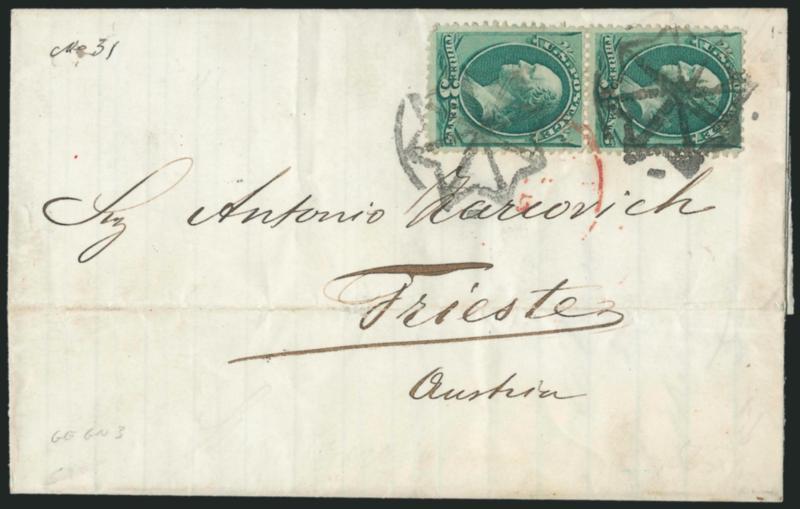 3c Green (158).> Vertical pair tied by two strikes of <New York Foreign Mail Geometric> cancel (Weiss GE-EN3) and rim of red New York circular datestamp on 1874 folded cover <to Trieste, Austria,> senders Dec.
4, 1874 backstamp, Trieste receiving ba