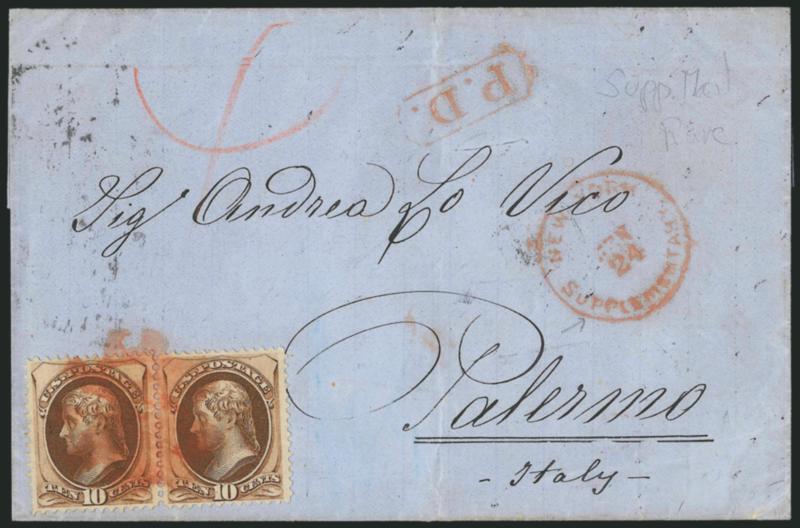 10c Brown (161).> Horizontal pair tied by <red New York Foreign Mail> cancel (too blurry to identify type, possibly Weiss GE-C7), matching <New York Supplementary Jan. 24 Type D Supplementary Mail> circular
datestamp on blue 1874 folded cover <to P