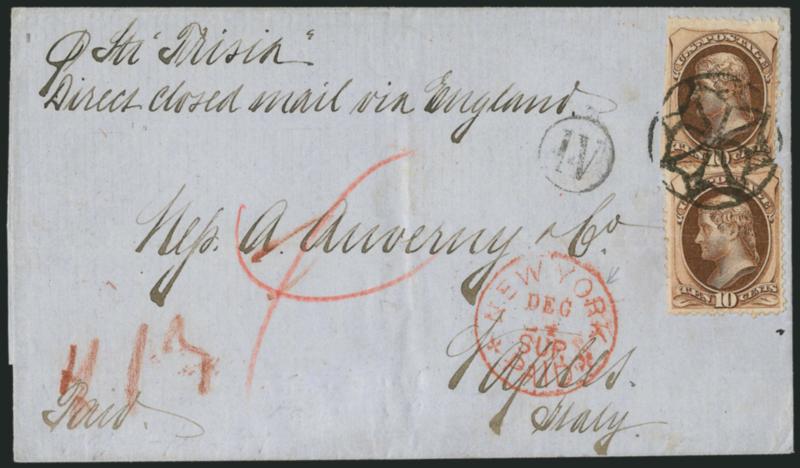 10c Brown (161).> Two, one with s.e., tied by <New York Foreign Mail Geometric> cancel (Weiss GE-EN3), red <New York Paid Dec. 24 Sup. Type E Supplementary Mail> circular datestamp on blue 1874 folded cover
<to Naples, Italy,> senders routing <<p