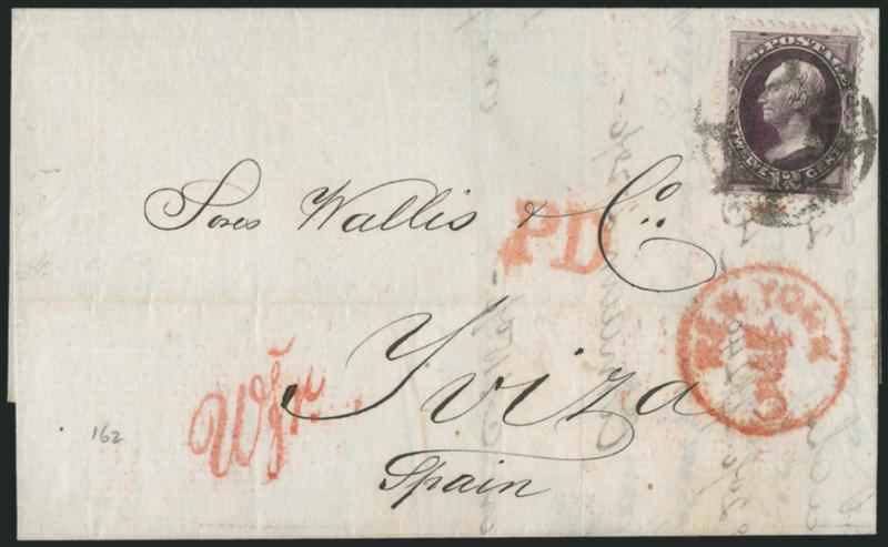 12c Blackish Violet (162).> Rich color, tied by <New York Foreign Mail Geometric> cancel (Weiss GE-C7), red New York 5 Apr. ? credit datestamp on 1875 folded letter <to Yviza, Spain,> senders blue oval
backstamp, red PD and Wfr handstamps, lig