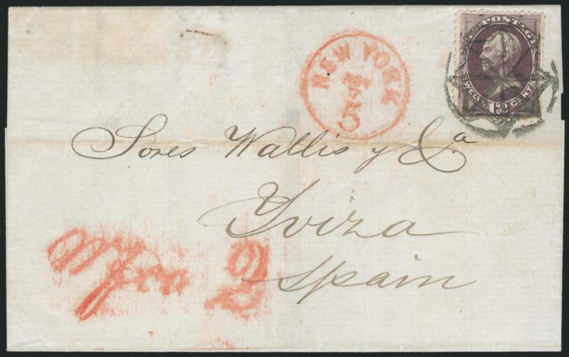 12c Blackish Violet (162).> Rich color, tied by well-struck <New York Foreign Mail Geometric> cancel (Weiss GE-EN3), red New York 5 Nov. 7 (1874) credit datestamp on folded cover <to Yviza, Spain,> faint boxed
PD handstamp, red Wfco 2 German cr
