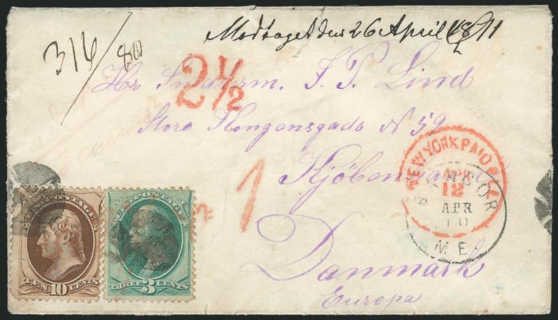 3c Green, 10c Brown (147, 150).> Tied by quartered cork cancels, Bangor Me. Apr. 10 (1871) circular datestamp on cover addressed in violet <to Copenhagen, Denmark,> red New York Paid All Apr. 12 circular
datestamp, red 2-12 cents fractional cr