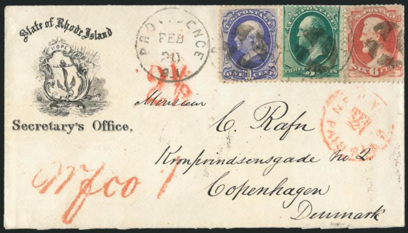 1c Ultramarine, 3c Green, 6c Carmine (145, 147, 148).> Beautiful three-color franking tied by Providence R. I. Feb. 20 (ca. 1871-72) duplex datestamp and quartered cork cancel on <State of Rhode Island
Secretarys Office illustrated corner card cov