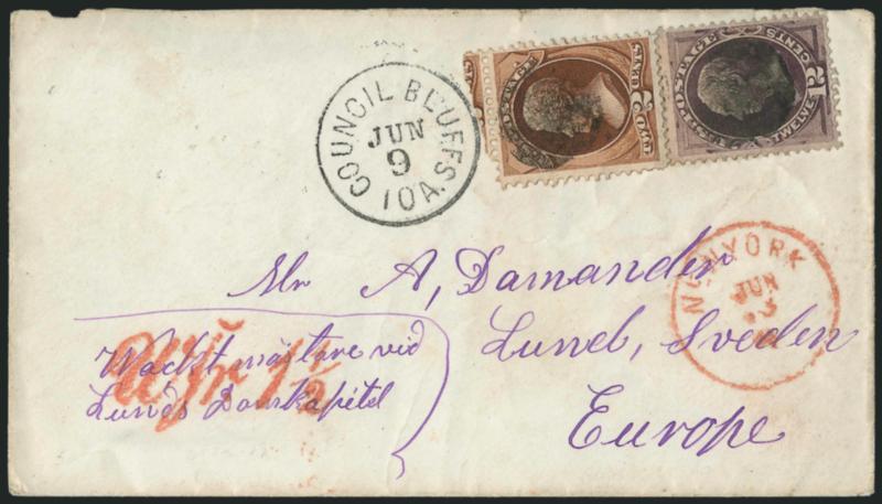 2c Red Brown, 12c Dull Violet (146, 151).> Rich colors, cancelled by circular corks with Council Bluffs Ioa. Jun. 9. (1871) circular datestamp on cover addressed in violet <to Lund, Sweden,> red New York 4
Jun. 13 credit datestamp, red Wfr. 1-1