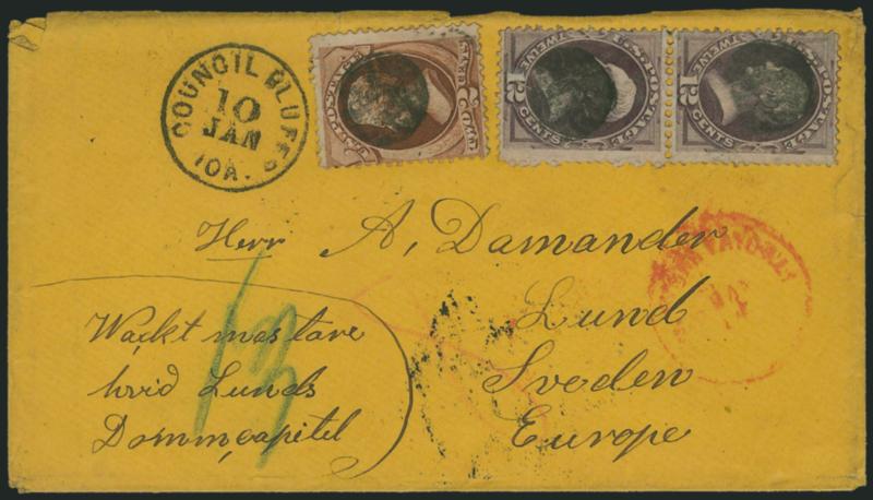 2c Red Brown, 12c Dull Violet (146, 151).> 12c vertical pair, deep shade, used with single 2c, cancelled by circular corks with Council Bluffs Ioa. 10 Jan. (1871) circular datestamp on buff cover <to Lund,
Sweden,> red New York Paid All transit d