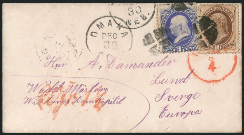 1c Ultramarine, 10c Brown (145, 150).> Rich colors, tied by quartered cork cancels with duplex Omaha Neb. Dec. 30 (1871) circular datestamp on cover addressed in violet <to Lund, Sweden,> red New York 4 Jan. 6
credit datestamp, red Wfr. 1-12 G