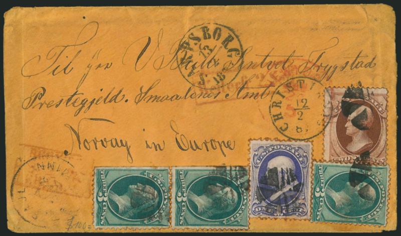 1c Ultramarine, 2c Red Brown, 3c Green (145, 146, 147).> Pair (s.e.) and single 3c with 1c and 2c tied by circle of wedges cancel, Saint Paul Minn. Jan. 23 (1872) circular datestamp on buff cover <to
Sarpsborg, Norway,> red New York 5 Jan. 27 cre