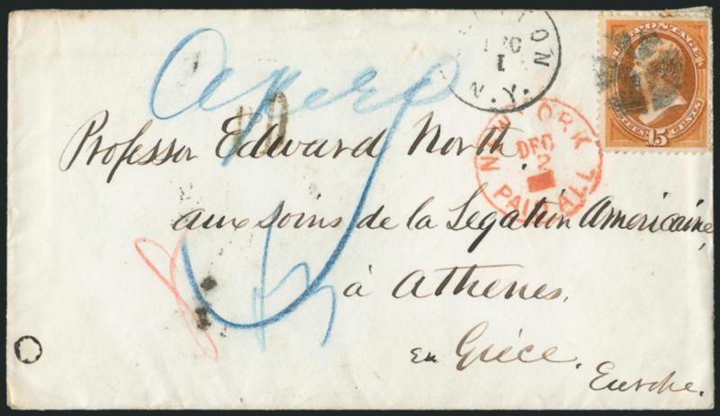 15c Bright Orange (152).> Well-centered, tied by circle of wedges cancel, Clinton N.Y. Dec. 1 (1871) circular datestamp on cover to Professor Edward North as part of American Legation in <Athens, Greece,> red
New York Paid All Dec. 2 transit date