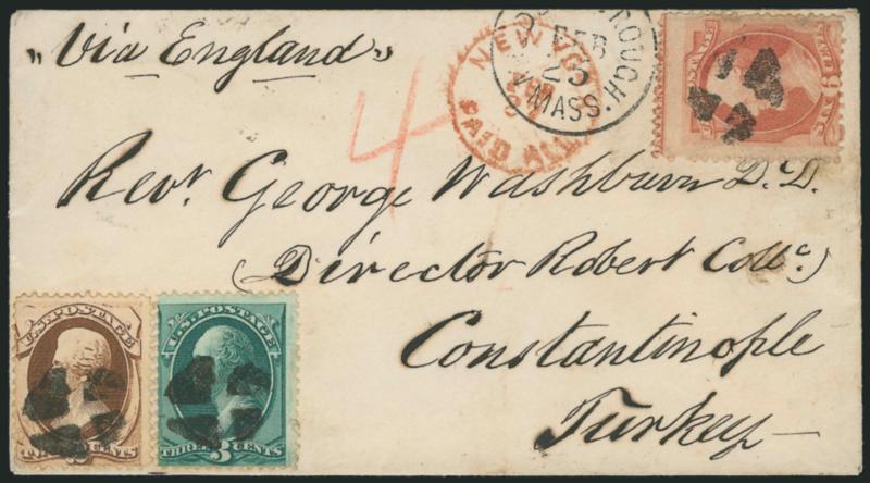 2c Brown, 3c Green, 6c Dull Pink (157, 158, 159).> 6c with <part captured imprint at top,> cancelled by quartered corks, Middleborough Mass. Feb. 25 (ca. 1874) circular datestamp on cover <to Constantinople,
Turkey,> red New York Paid All Feb. 27