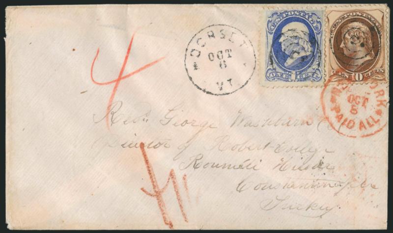 1c Ultramarine, 10c Brown (145, 161).> Cancelled by targets, Dorset Vt. Oct. 6 (1873) circular datestamp on cover <to Constantinople, Turkey,> red New York Paid All Oct. 8 transit datestamp, red crayon 4
credit, red f1-12 German credit (re-s