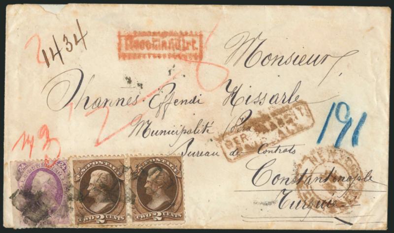 2c Brown, 24c Purple (153, 157).> 2c pair used with 24c straddle-margin single, bright shade, tied by segmented cork cancels on <registered cover to Constantinople, Turkey,> red New York Registered Jul. (9?)
(ca. 1874) double-circle registry datest