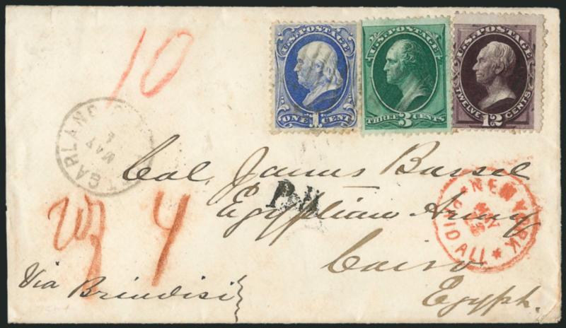 1c Ultramarine, 3c Green, 12c Blackish Violet (156, 158, 162).> Rich colors, 1c s.e., tied by lightly struck grid cancels, <Fort Garland Col. May 4 (1874) Colorado Territory> circular datestamp on cover <to
Col. James Bassel, Egyptian Army, Cairo,