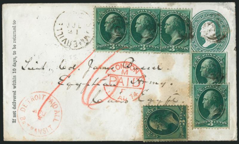3c Green (158).> Six, three with s.e., dark shade, tied by target cancels, Summerville (?) Jul. 21 (1874) circular datestamp on 3c Green entire <to Lieut. Col. James Bassel, Egyptian Army, Cairo, Egypt,> red
Detroit Paid All Br. Transit Aug. 2 tr