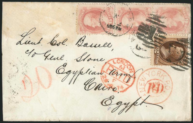 2c Brown, 6c Dull Pink (157, 159).> 6c vertical strip of three, all stamps tied by New-York Aug. 12 6:30PM datestamp and duplex numeral grid cancel on cover <to Lieut. Col. James Bassel, in care of General
Stone, Egyptian Army, Cairo, Egypt,> red 