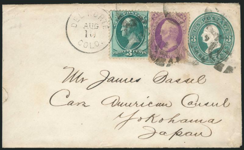 3c Green, 24c Purple (153, 158).> Tied by segmented cork cancels and <Del Norte Colo. Aug. 10 Colorado Territory> circular datestamp on 3c Green entire <to James Bassel, in care of American Consul at Yokohama,
Japan,> clear strike of Yokohama Japa