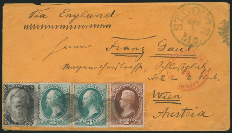 2c Red Brown, 3c Green (146, 147).> Horizontal pair of 3c, <used with 2c Black, E. Grill (87),> cancelled by circular cork, St. Louis Mo. Dec. 8 (1870) circular datestamp on orange cover <to Vienna Austria,>
red New York Paid All Br. Transit date