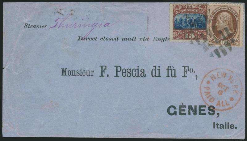 10c Brown (150).> Used with <15c Brown & Blue, Ty. II (119),> tied by segmented cork cancels, red New York Paid All Oct. 8 circular datestamp on blue cover with printed address <to Genoa, Italy,> part-printed
route directive Steamer Thuringia Dire