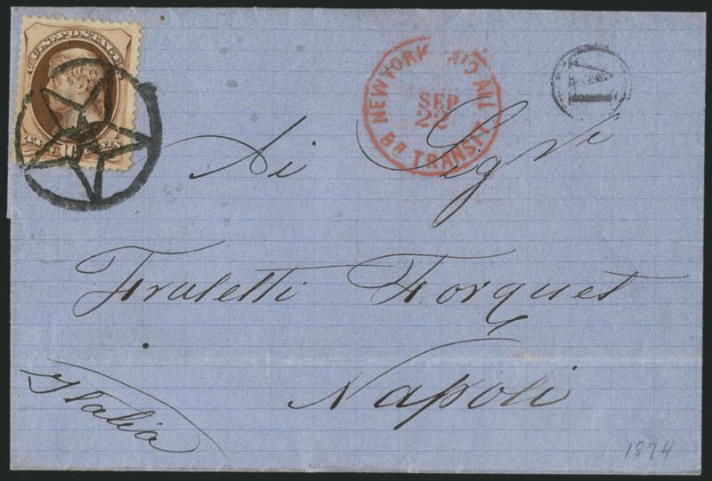 10c Brown (161).> Rich color, tied by perfect bold strike of <New York Foreign Mail Star> cancel (Weiss ST-MP1), red New York Paid All Br. Transit Sep. 22 (1874) blue folded letter <to Napoli, Italy,> IV oval
Italian handstamp and receiving backs