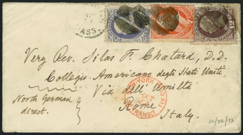 1c Ultramarine, 7c Vermilion, 12c Dull Violet (145, 149, 151).> Tied by cork cancels and Winchester Mass. Oct. 21 (1873) circular datestamp on cover <to Rome, Italy,> senders routing <<North German Direct>>
but sent Italian Closed Mail via Engla