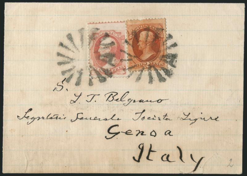 2c Vermilion, 6c Dull Pink (159, 178).> 2c on intermediate paper, tied by two bold strikes of large <New York Foreign Mail Circle of Rays> cancel (unlisted) on folded cover <to Genoa, Italy,> return address on
back, no other markings, each stamp has