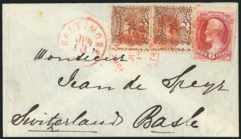 6c Carmine (148).> Used with vertical pair of <2c Brown (113),> tied by <red> quartered cork cancels with matching Baltimore Md. Jun. 13 (1870) on small cover <to Basle, Switzerland,> monogram on flap, red New
York Paid All Br. Transit Jun. 14 t