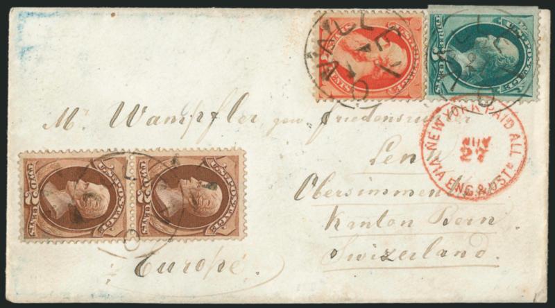 2c Red Brown, 3c Green, 7c Vermilion (146, 147, 149).> 2c vertical pair, 3c s.e., cancelled by small circle of narrow wedges and tied by three strikes of unusual Valley O hand-carved town datestamp (one with
ms. date) on cover <to Lenk, Switzerland