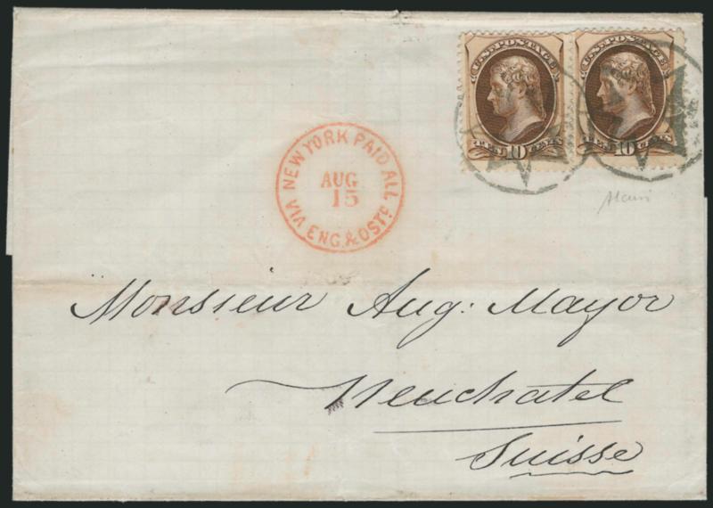 10c Brown (161).> Horizontal pair, tied by two clear strikes of <New York Foreign Mail Star> cancel (Ty. ST-8P3), red New York Paid All Via Eng. & Ostd. Aug. 15 (1874) transit datestamp on folded cover <to
Neuchatel, Switzerland,> receiving backsta