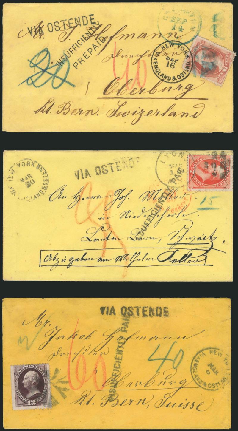 6c Dull Pink, 7c Vermilion, 12c Blackish Violet (149, 159, 162).> Each stamp used separately on a <short-paid cover to Switzerland,> all three are yellow or buff covers to various places, each has New York Via
England & Ostend transit datestamp (in