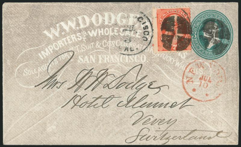 7c Vermilion (149).> Vivid color, perfs in at right, tied by quartered cork cancel with San Francisco Cal. Jul. 3 (1875) duplex datestamp on 3c Green entire <with grocers overall advertisement and addressed to
his wife in Vevey, Switzerland,> with
