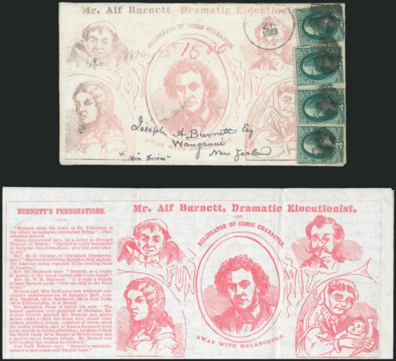 3c Green (184).> Horizontal pair and two singles, cancelled by quartered corks and tied by Sidney Neb. May 26 (1880) circular datestamp on <Alf Burnett illustrated cover to Wanaganni, New Zealand,> billing him
as a Delineator of Comic Character a
