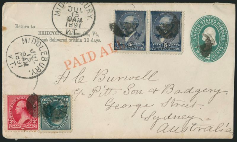 5c Indigo (216).> Pair tied by cork cancels on 2c Green entire <to Sydney, Australia,> used with <2c Carmine, 10c Green (220, 226),> tied by matching cork, Middlebury Vt. Jul. 15 9AM 1891 circular datestamp,
red Paid All straightline, San Francis