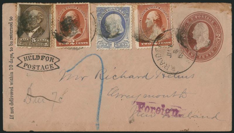 1c Gray Blue, 2c Red Brown, 5c Yellow Brown (205, 206, 210).> Two 2c, tied by cork cancels, partly readable Braidenton Fla. Jun. 8 circular datestamp on 1885 2c Red Brown entire <to Weymouth, New Zealand,>
Tampa Jun. 9 backstamp and bold Held for