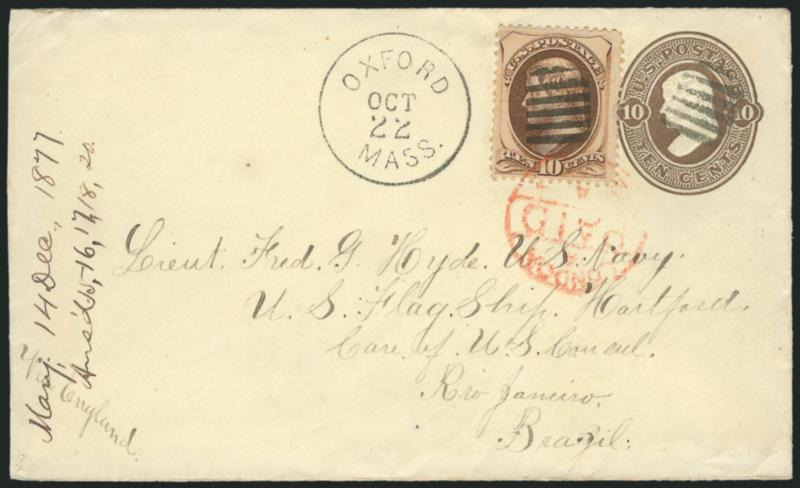 10c Brown (161).> Rich color, cancelled by grid on 10c Brown entire with Oxford Mass. Oct. 22 (1877) circular datestamp <to Rio de Janeiro, Brazil,> addressed to lieutenant aboard U.S. Flagship <artford,>> red
London Paid datestamp ties stamp,