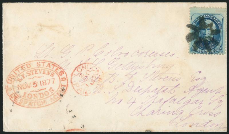 5c Blue (179).> Tied by <New York Foreign Mail Spokes> cancel (Weiss TR-S3), New York Oct. 23 1PM (1877) backstamp on cover addressed in violet <to London, England,> addressed to lieutenant aboard the U.S.S.
<<Gettysburg>>, red London datestamp, re