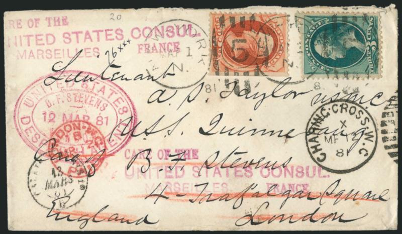 2c Vermilion, 3c Green (183, 184).> Tied by two strikes of New York Mar. 1, 1881 duplex datestamp and oval on cover <to London, England and forwarded to U.S. Consul in Marseilles, France,> addressed to
lieutenant aboard the U.S.S. <uinnebang>>, m