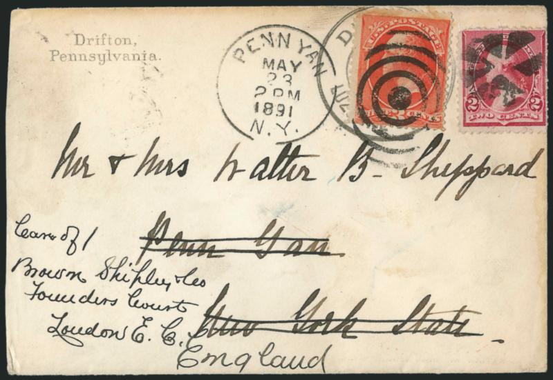 3c Vermilion (214).> Used with <2c Carmine (220),> rich color, 2c cancelled by circle of wedges cancel on cover from Drifton Pa. to Penn Yan N.Y. and <forwarded to London, England,> 3c accepted as
supplementary postage (for 5c UPU rate) and tied by l