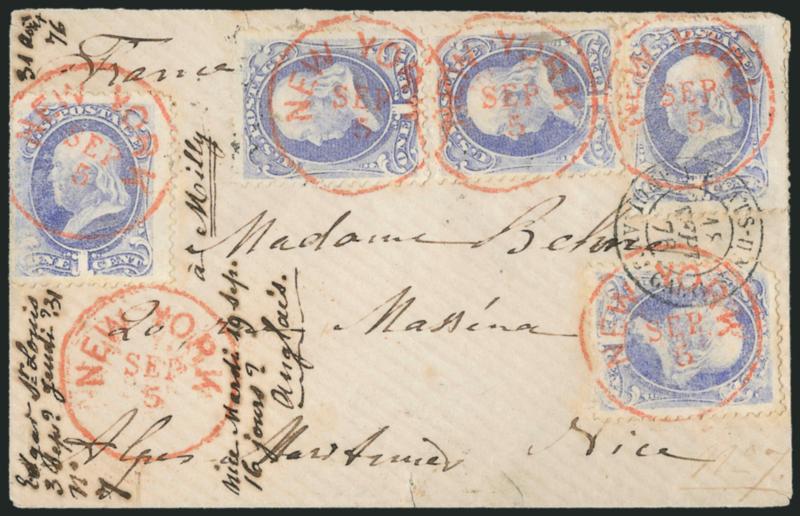 1c Ultramarine (156).> Five, each tied by clear strike of vivid <orange-red New York Sep. 5 circular datestamp> on small cover <to Nice, France,> Calais transit datestamp (Sep. 18, 1876), Paris and Nice
backstamps, docketing at left, stamps affected