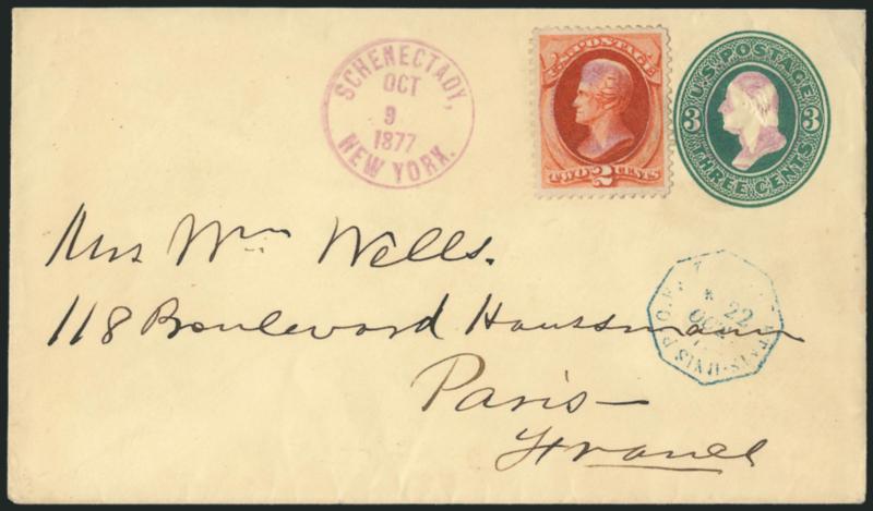 2c Vermilion (178).> Wide margins and nearly perfect centering, vivid color, cancelled by lightly struck <violet Negative Star in Circle> cancel, matching strike and Schenectady, New York, Oct. 9, 1877
circular datestamp on 2c Green entire <to Pari