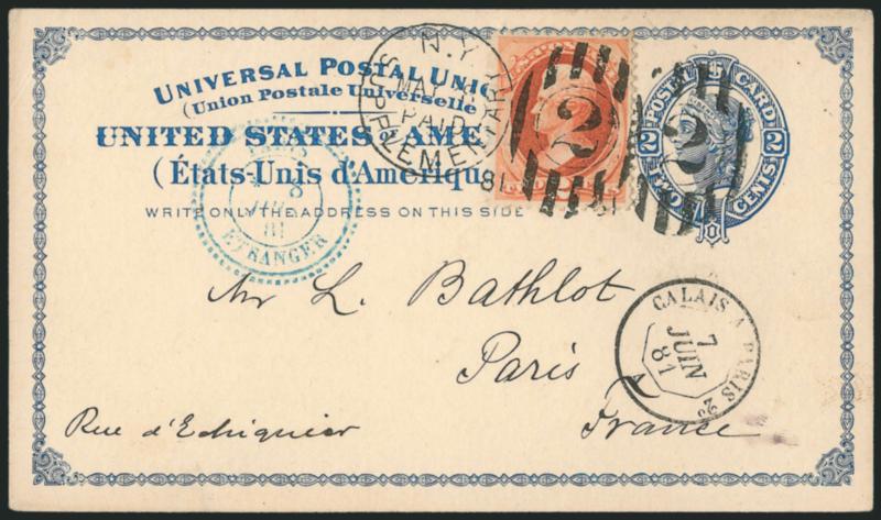 2c Vermilion (183).> Choice centering, bright color, tied by two perfect strikes of <N.Y. Supplementary Paid May 28 81 Type F Supplementary Mail> duplex datestamp and numeral oval on <2c Blue Postal Card to
Paris, France,> Calais transit and blue P