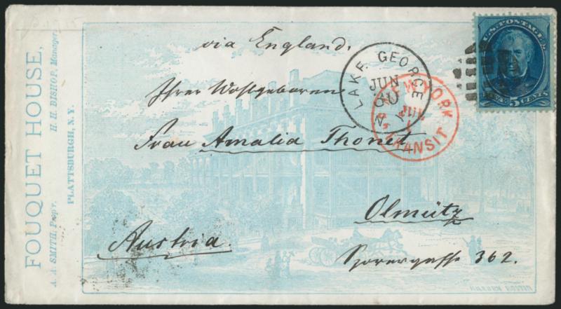 5c Blue (179).> Deep shade, tied by segmented cork cancel, Lake George N.Y. Jun. 30 circular datestamp on <Fouquet House light blue illustrated hotel advertising cover to Olmitz, Austria,> red New York Br.
Transit Jul. 1 circular datestamp, recei
