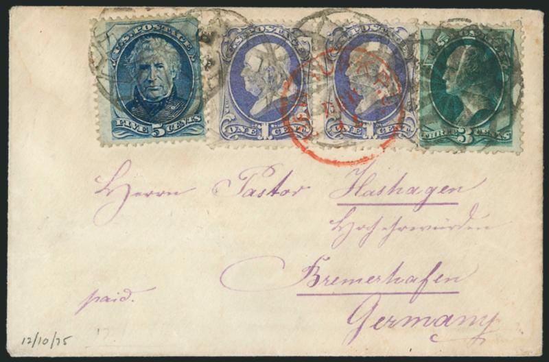 1c Ultramarine, 3c Green, 5c Blue (156, 158, 179).> Beautiful and neatly aligned three-color combination tied by four strikes of <New York Foreign Mail Geometric> cancel (Weiss GE-EP4) and red New York Dec. 11
(1875) circular datestamp on small cov