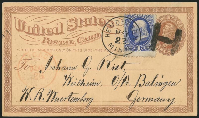 1c Ultramarine (156).> Deep shade, tied by perfect clear strike of Henderson Minn. May 22 circular datestamp and  town initial fancy cancel on 1c Brown on Buff Postal Card (UX3) to Wurttemberg, Germany,> dated
May 21, 1874, red <Chicago Ill. M