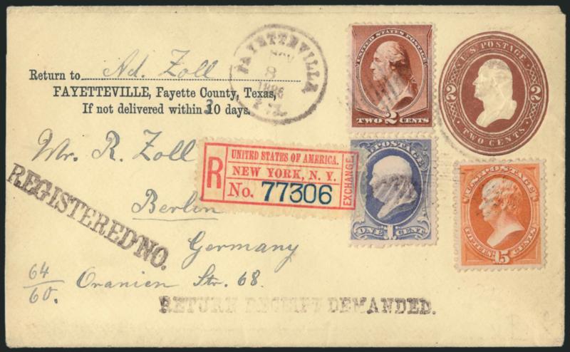 1c Gray Blue, 2c Red Brown, 15c Red Orange (189, 206, 210).> 15c superb, lovely three-stamp combination tied by lightly struck grid cancels, Fayetteville Tex. Nov. 8, 1886 circular datestamp on <registered 2c
Red Brown entire to Berlin, Germany,> r