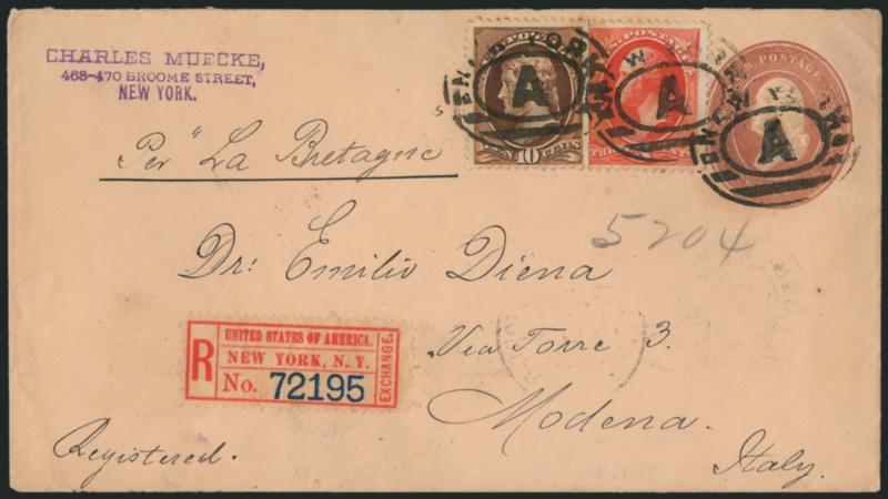 3c Vermilion, 10c Brown (209, 214).> Bright colors, tied by New York A registry oval cancels on <registered> 2c Red Brown entire <to Modena, Italy,> purple Registered Nov. 2, 1888 Branch A New York P.O. boxed
datestamp and various other backstamp