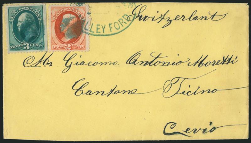 2c Vermilion, 3c Green (183, 184).> 3c s.e., cancelled by blue cork and tied by matching <Jan 7 Valley Ford improvised town datestamp using Wells Fargo & Co. oval> on yellow cover <to Cevio, Switzerland,>
receiving backstamps (Jan. 29 and 30, 1879)