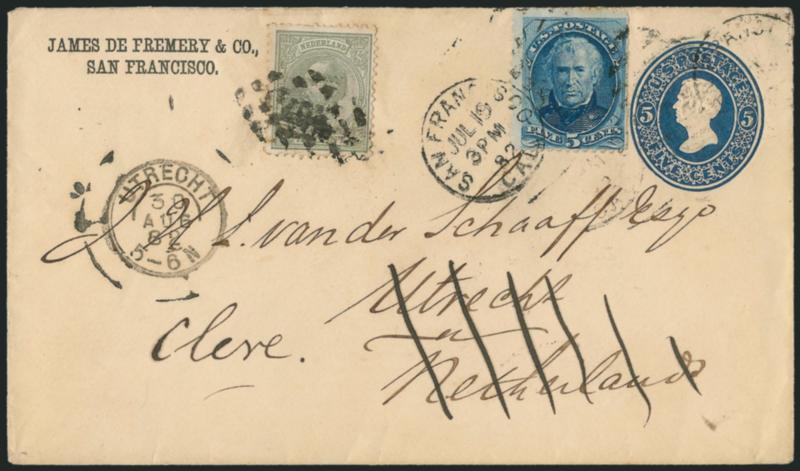 5c Blue (185).> S.e. at right, tied by San Francisco Cal. Jul. 19 3PM 82 duplex datestamp and oval on 5c Blue entire <to Utrecht, Netherlands, and forwarded to Cleve with Netherlands 12c William III> tied by
dotted diamond cancel, Utrecht forwardin